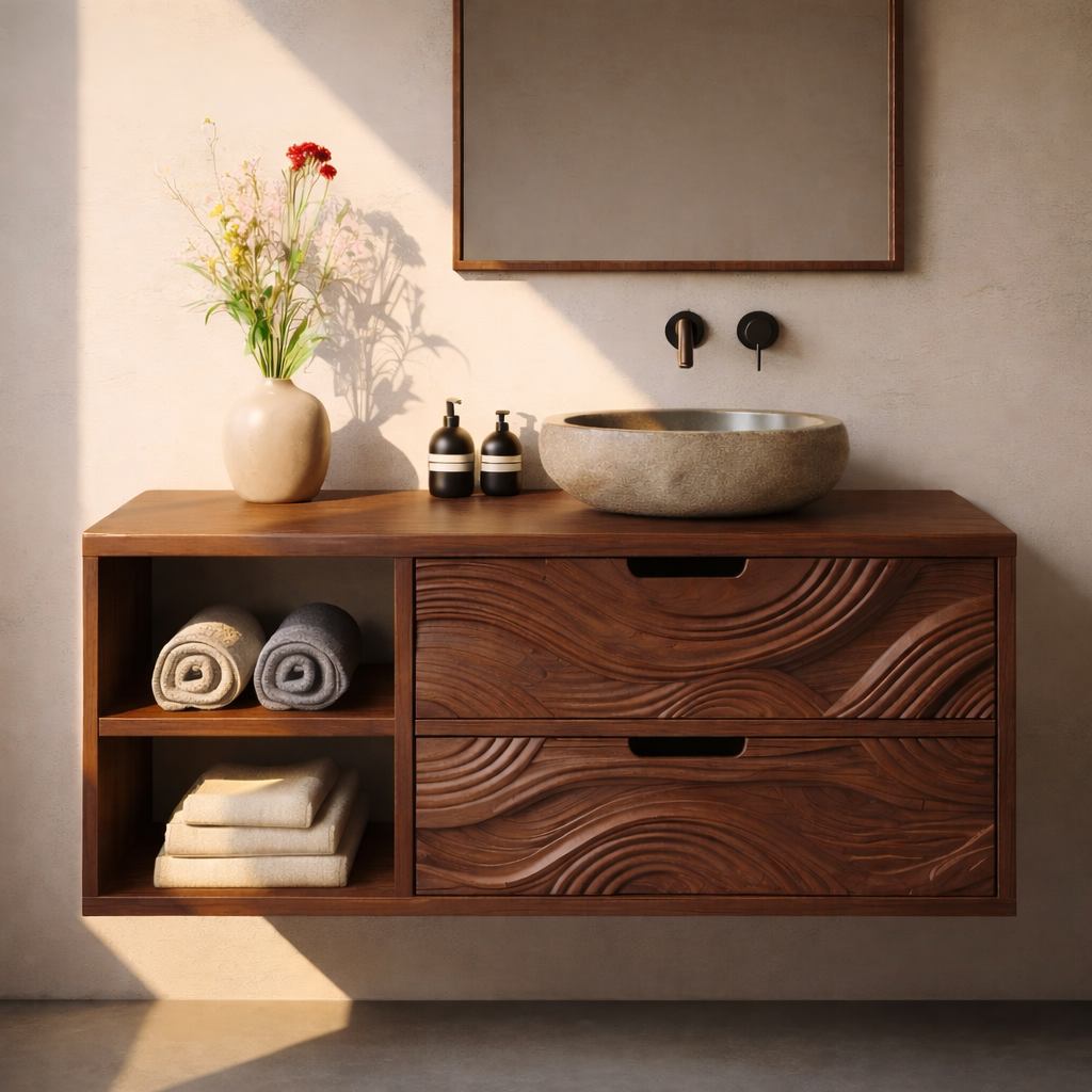 Floating Solid Wood Bathroom Vanity with Sculpted Wave Drawers and Open Shelf – Modern Organic Bathroom Cabinet Kitchnce