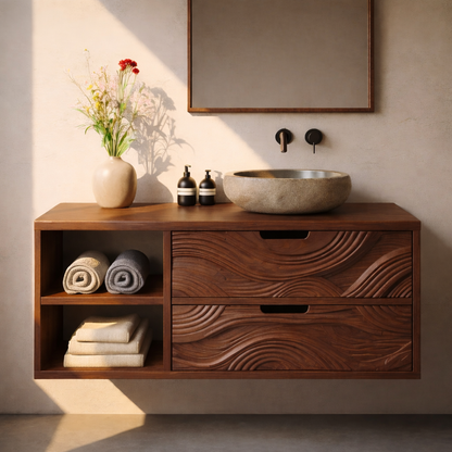 Floating Solid Wood Bathroom Vanity with Sculpted Wave Drawers and Open Shelf – Modern Organic Bathroom Cabinet Kitchnce