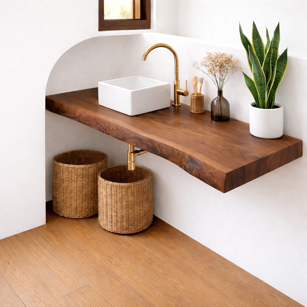 Floating Solid Wood Bathroom Vanity with Live Edge Top and Vessel Sink – Wall Mounted Vanity
