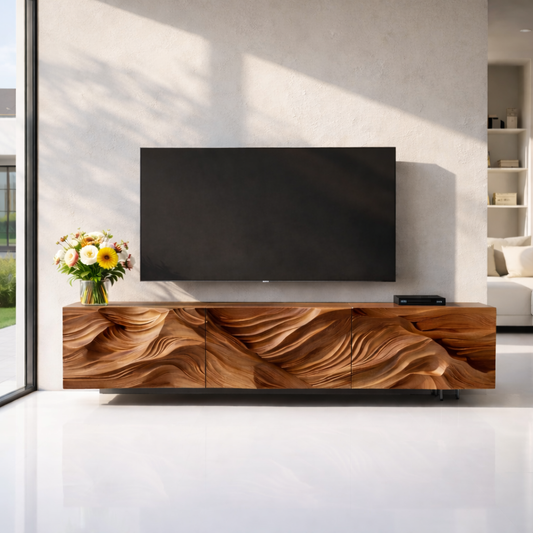 Modern Solid Wood TV Stand with Artistic Carved Front – Walnut Media Console Cabinet Kitchnce