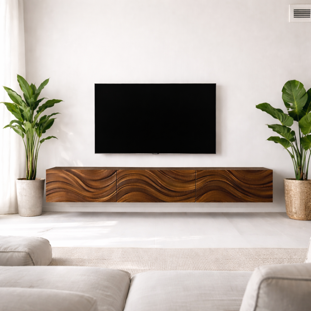 Floating Solid Wood TV Stand with Carved Wave Front – Modern Walnut Media Console Kitchnce