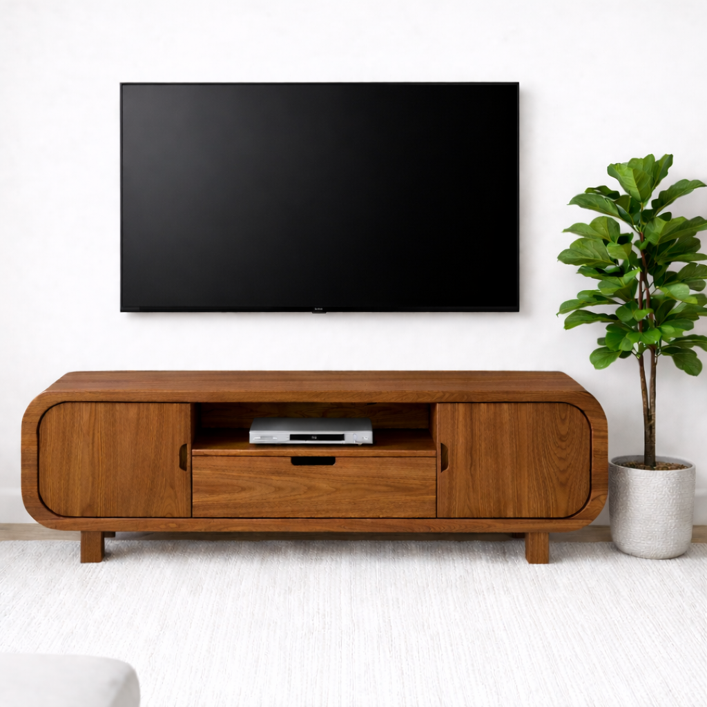 Modern Solid Oak TV Stand with Cabinet Doors and Drawer, Wooden Media Console for Living Room Kitchnce