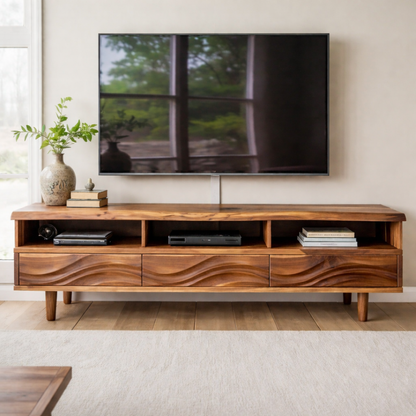 Modern Solid Wood TV Stand with Wave Drawer Fronts and Open Media Shelves Kitchnce