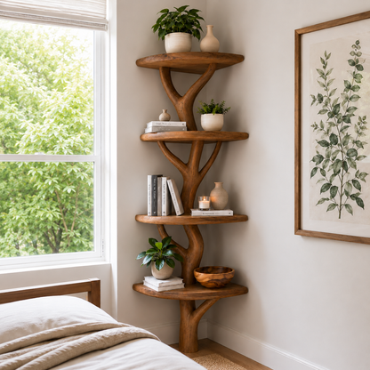 Handcrafted Solid Wood Tree Corner Shelf with Twisted Branch Design