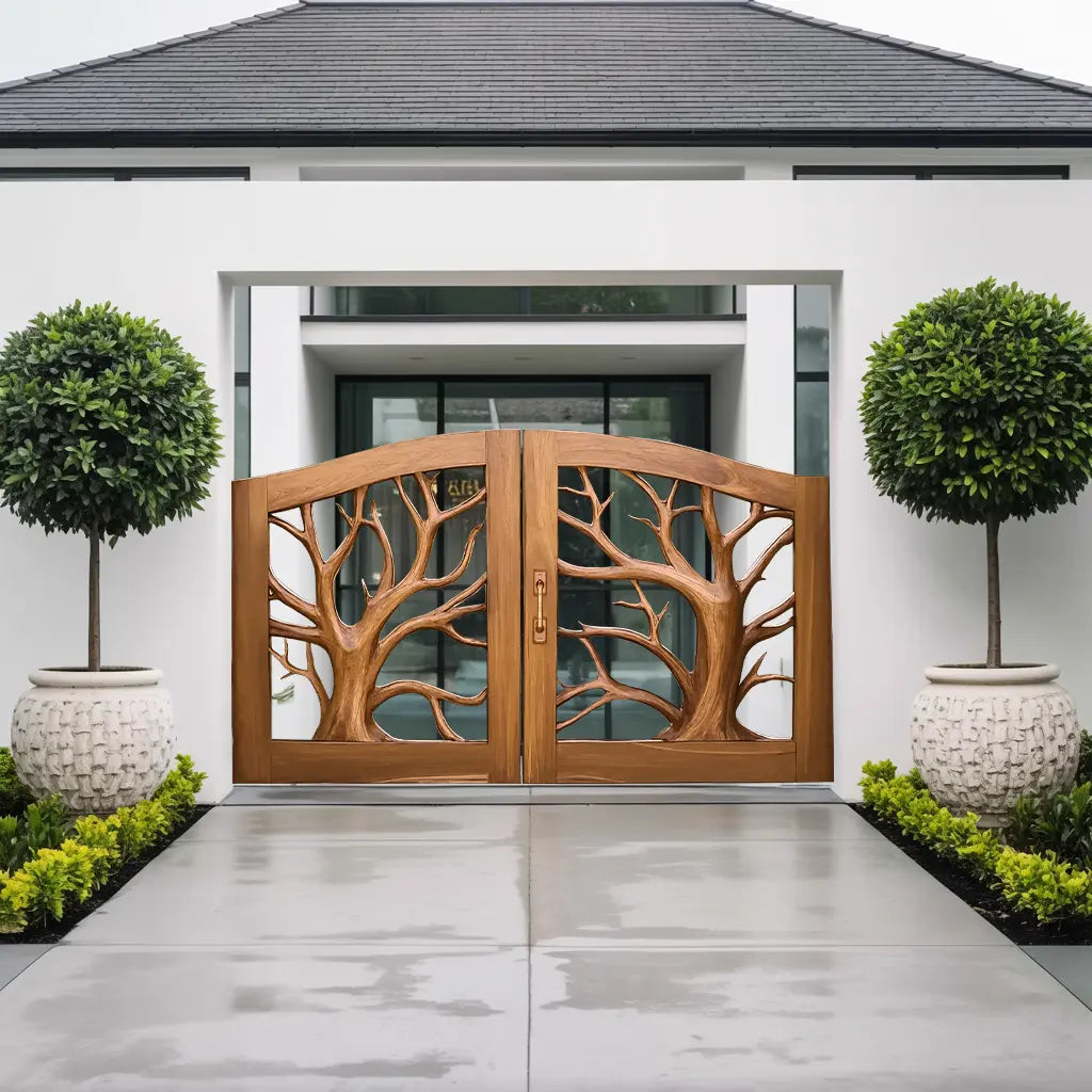 Rustic Tree Carved Entrance Gate For Garden Driveway Kitchnce
