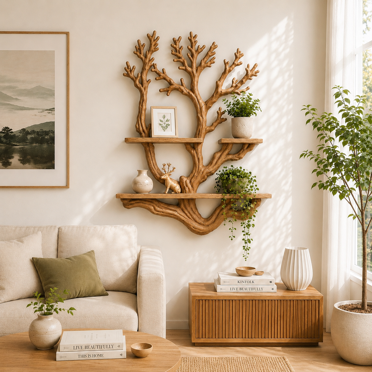 Handcrafted Solid Wood Tree Display Shelf with Organic Branch Design