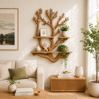 Handcrafted Solid Wood Tree Display Shelf with Organic Branch Design
