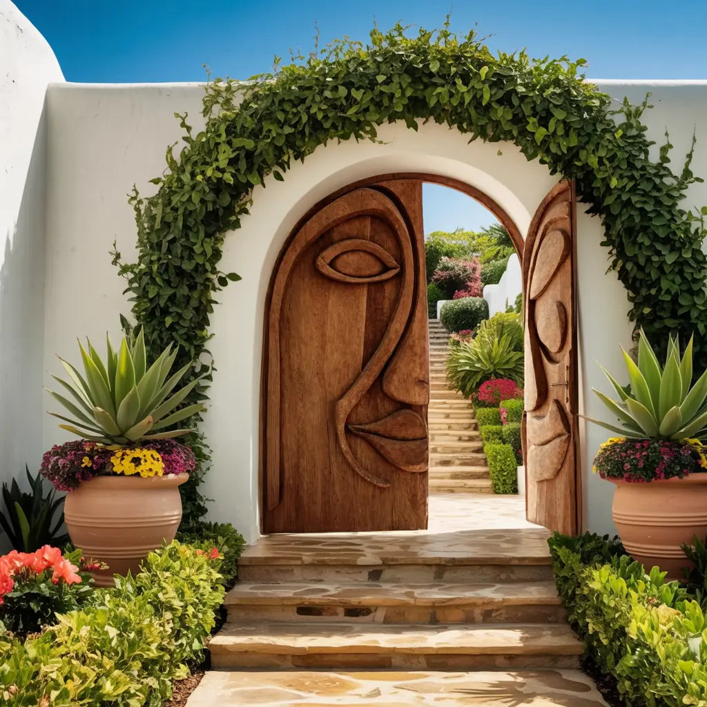 Artistic Face Carved Entry Door For Villa Entrance Kitchnce