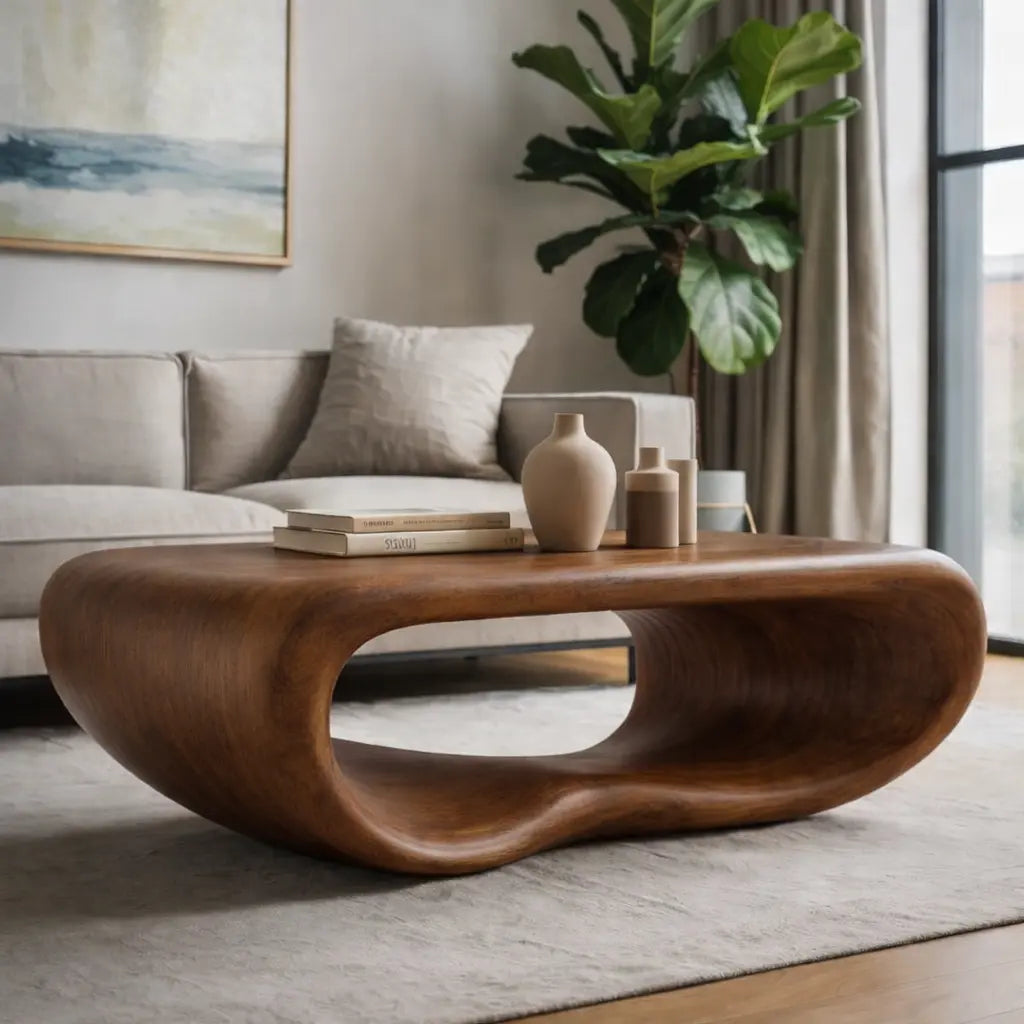 Modern Solid Wood Coffee Table with Sculptural Curved Design Minimalist Living Room Table Kitchnce