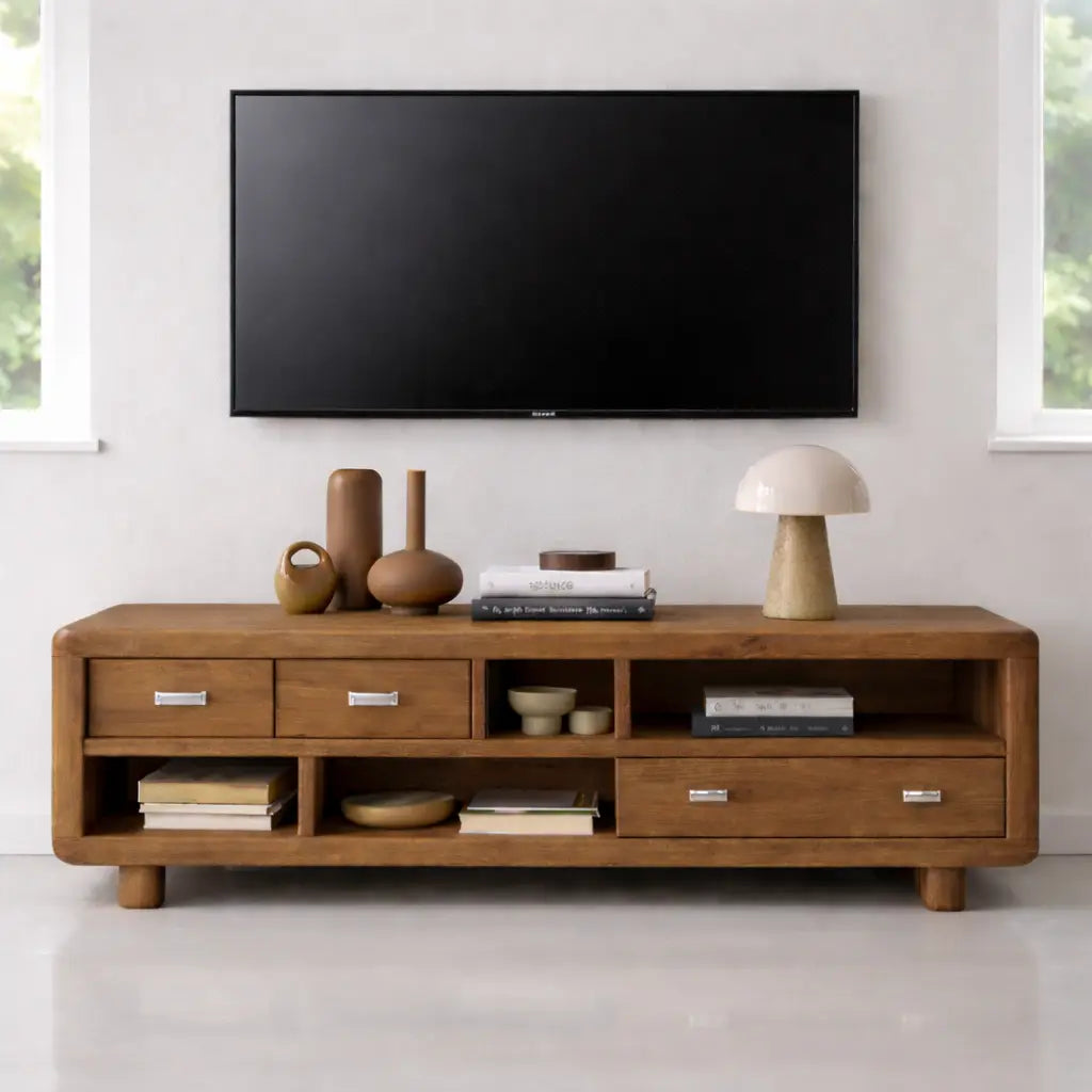 Solid Wood TV Stand with Drawers and Open Shelves Rustic Oak Media Console for Living Room Kitchnce