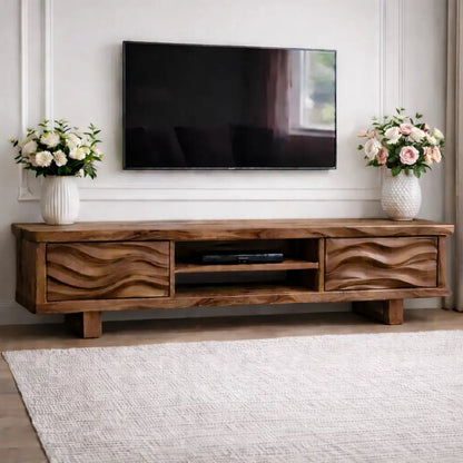 Solid Wood TV Stand with Wave Pattern Doors Modern Wooden Media Console for Living Room Kitchnce