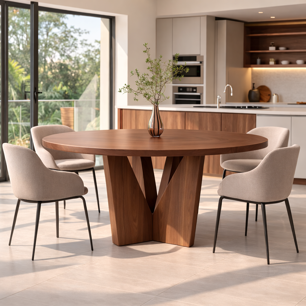 Round Solid Wood Dining Table with Sculptural Base Modern Walnut Kitchen Table