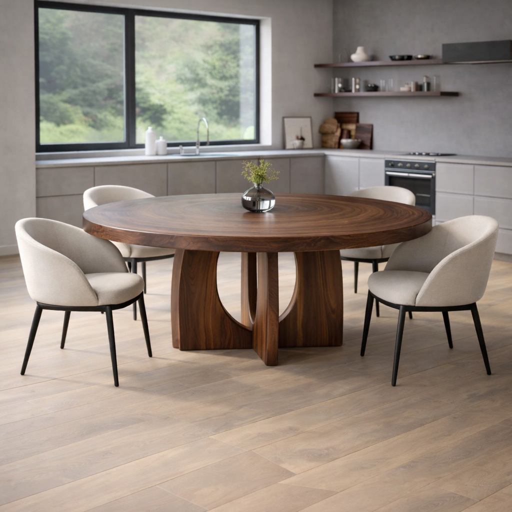 Round Solid Wood Dining Table with Sculptural Pedestal Base Modern Kitchen Table