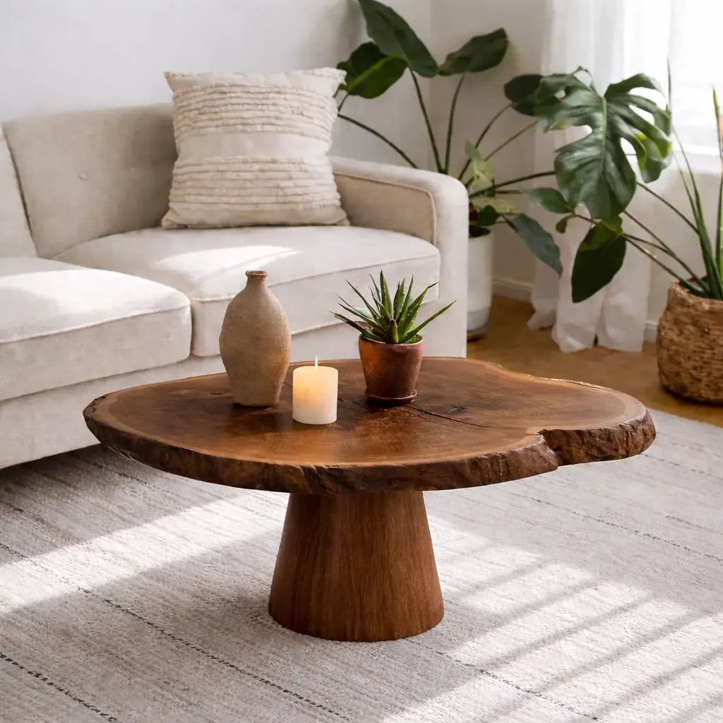 Live Edge Solid Wood Coffee Table for Living Room with Pedestal Base Kitchnce