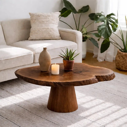 Live Edge Solid Wood Coffee Table for Living Room with Pedestal Base Kitchnce