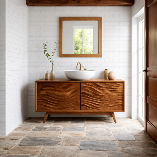 Solid Wood Bathroom Vanity with Wavy Surface Design and Storage Cabinet