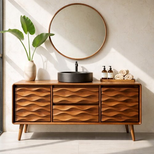 Solid Wood Bathroom Vanity with Layered Wavy Front Panels and Storage Drawers