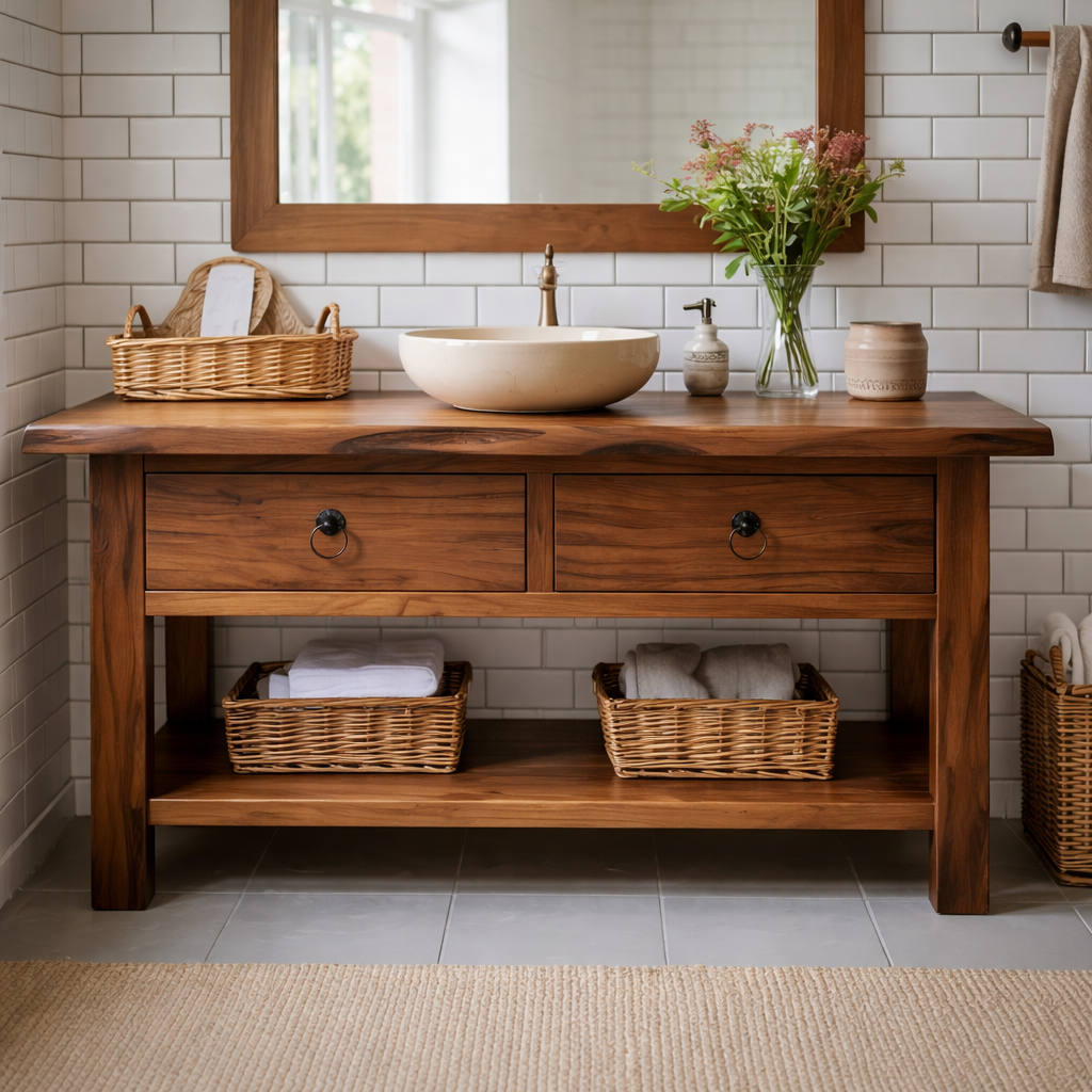 Solid Wood Bathroom Vanity with Open Shelf Storage and Double Drawer Design
