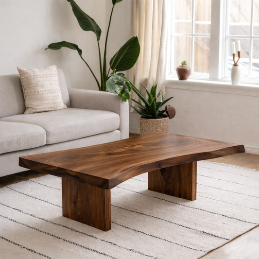 Solid Wood Coffee Table with Live Edge Top and Minimal Block Legs