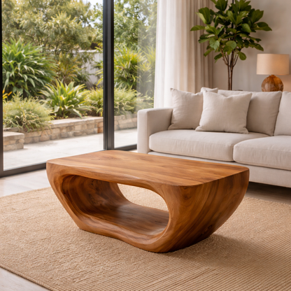 Solid Wood Coffee Table with Sculptural Hollow Base and Smooth Curved Design