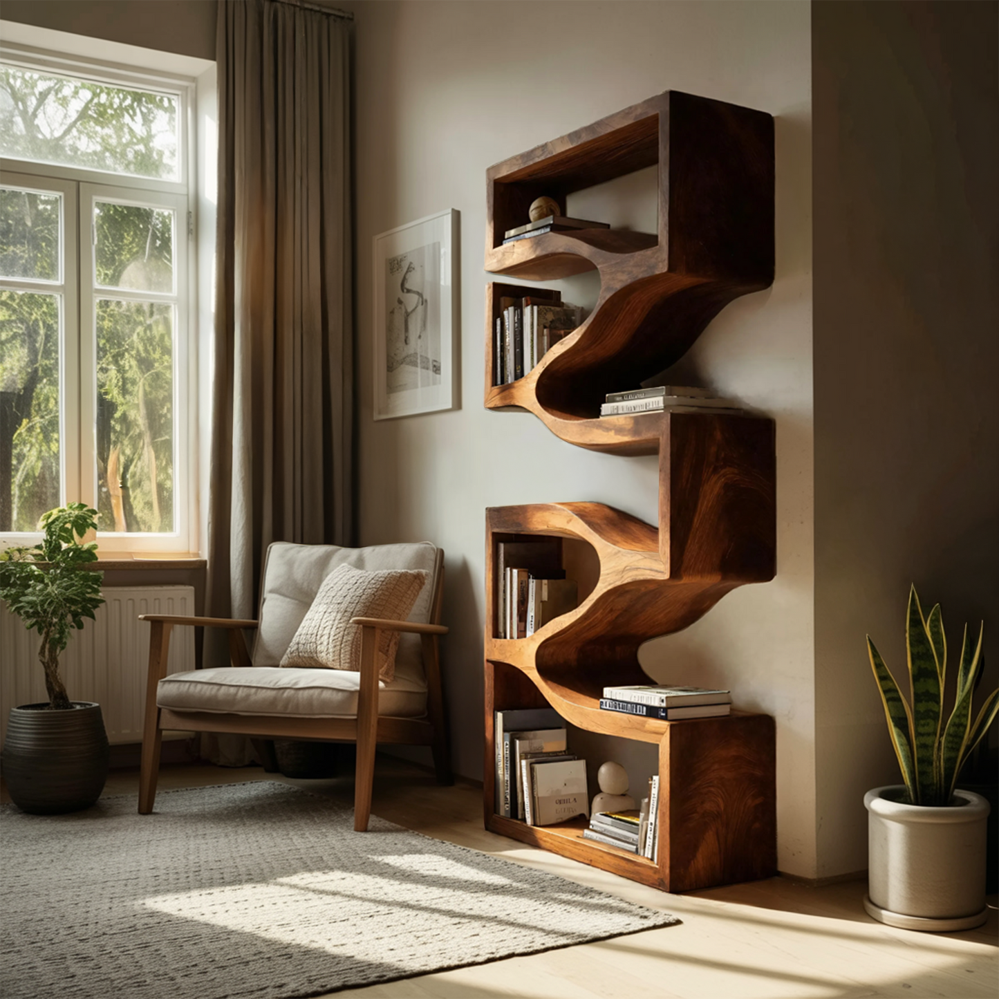 Sculptural Wooden Wall Bookcase For Modern BedRoom Kitchnce