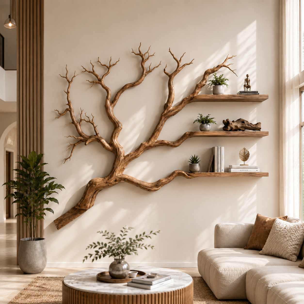 Handcrafted Solid Wood Branch Bookshelf with Floating Wall Shelves