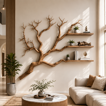 Handcrafted Solid Wood Branch Bookshelf with Floating Wall Shelves