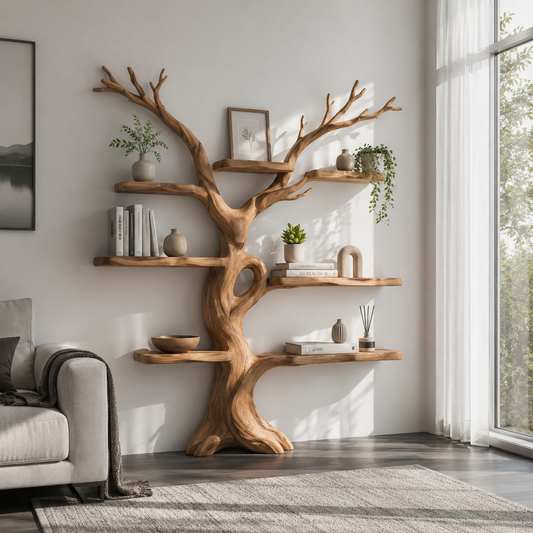 Handcrafted Solid Wood Tree Bookshelf with Asymmetrical Floating Shelves