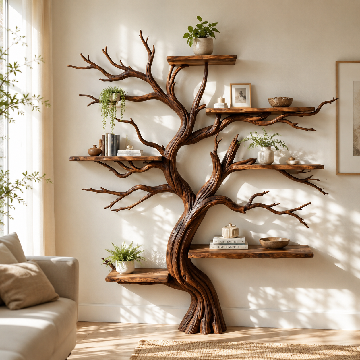 Handcrafted Solid Wood Tree Bookshelf with Twisting Sculptural Branches