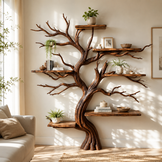 Handcrafted Solid Wood Tree Bookshelf with Twisting Sculptural Branches