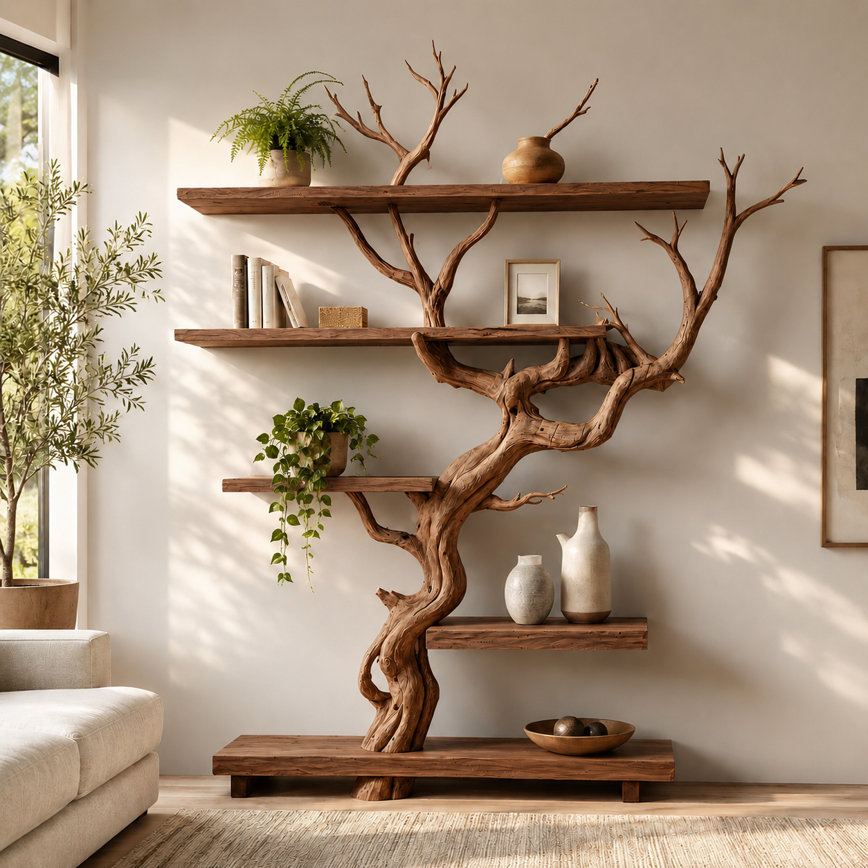 Handcrafted Solid Wood Tree Room Divider Bookshelf with Floating Shelves