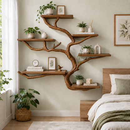 Handcrafted Solid Wood Tree Bookshelf with Curved Floating Shelves