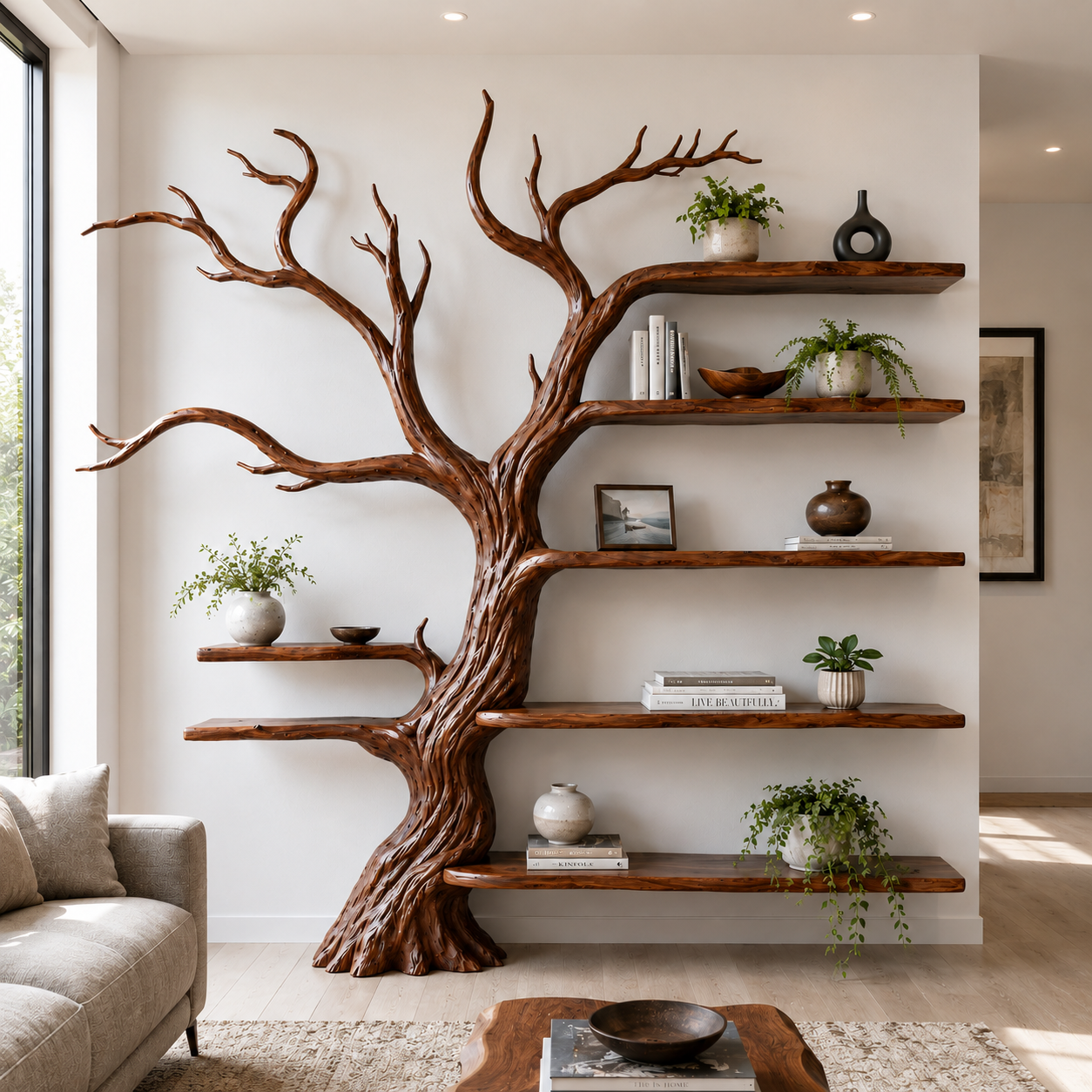 Handcrafted Solid Wood Tree Bookshelf with Open Floating Shelves