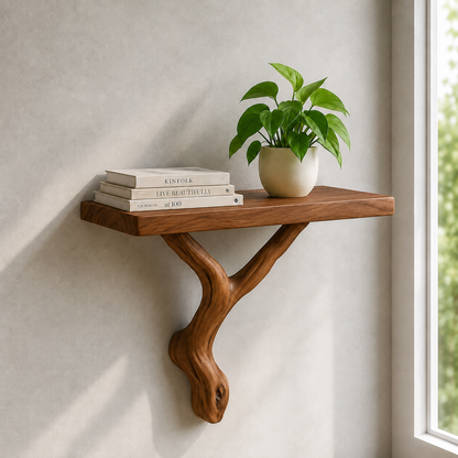 Handcrafted Solid Wood Floating Shelf with Organic Wood Bracket