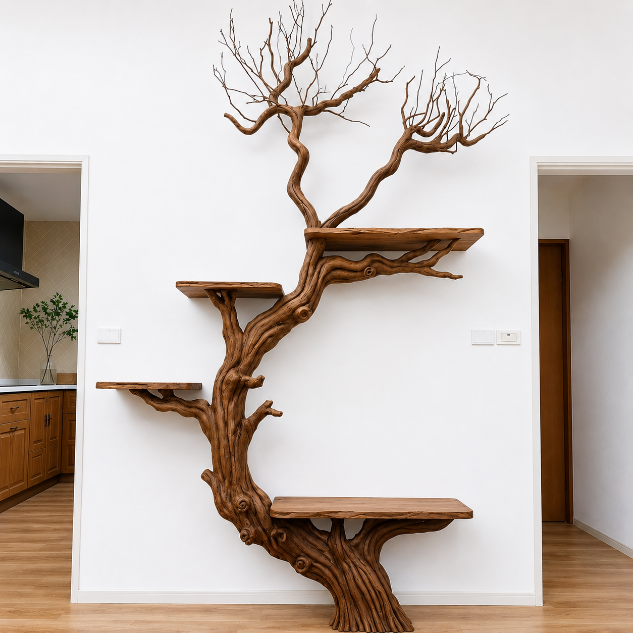 Handcrafted Solid Wood Tree Wall Shelf with Twisted Branch Design