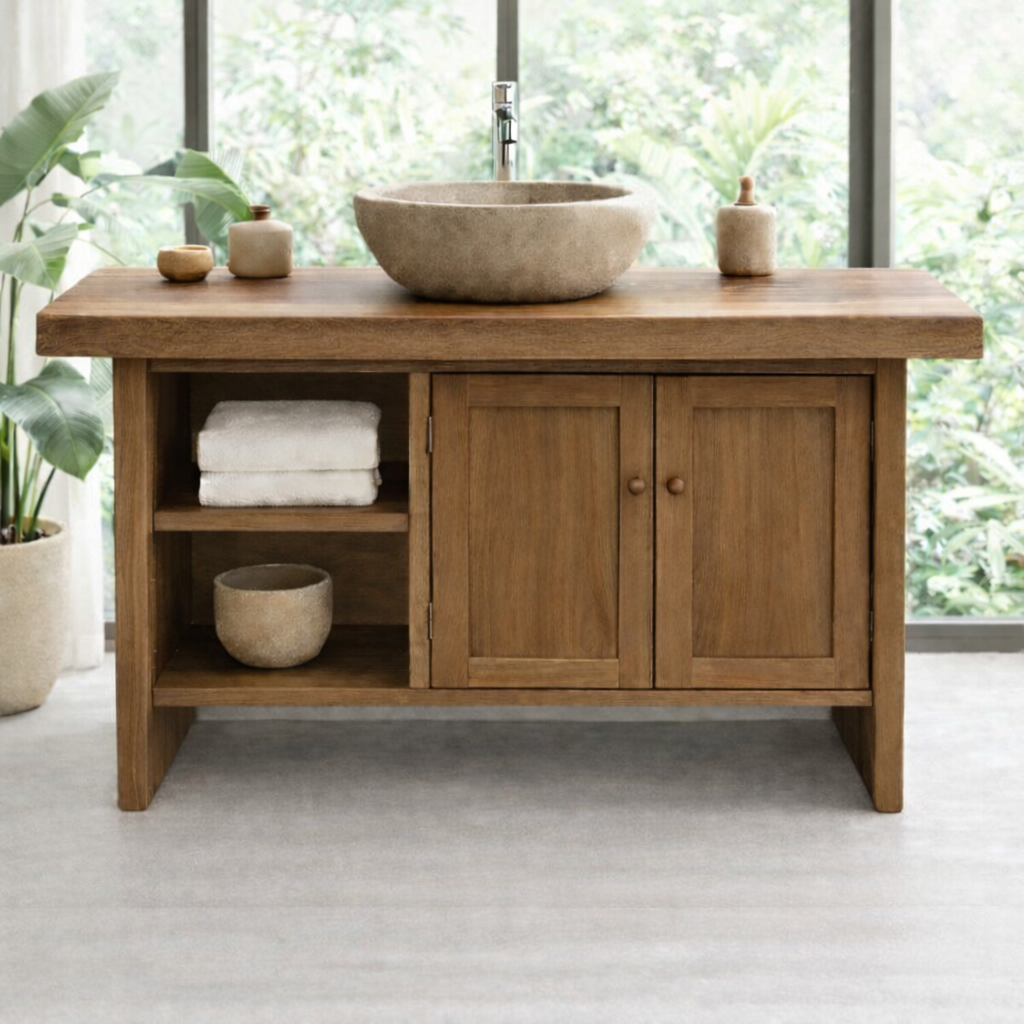 Solid Wood Bathroom Vanity Cabinet with Double Doors and Open Shelf – Rustic Modern Freestanding Vanity Base Kitchnce