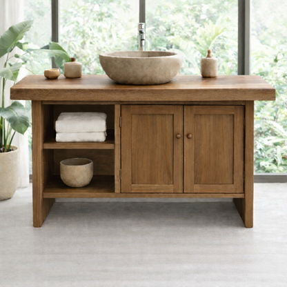 Solid Wood Bathroom Vanity Cabinet with Double Doors and Open Shelf – Rustic Modern Freestanding Vanity Base Kitchnce