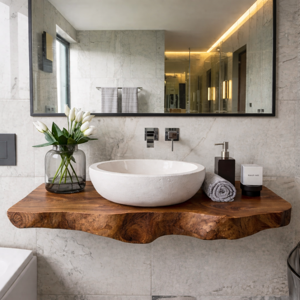 Floating Live Edge Solid Wood Bathroom Vanity Shelf – Natural Wood Wall Mounted Vanity Top Kitchnce
