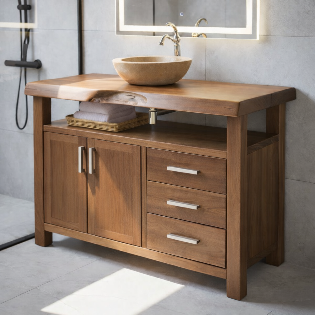 Solid Wood Bathroom Vanity with Cabinet Doors, Three Drawers and Open Shelf – Freestanding Natural Wood Vanity Kitchnce