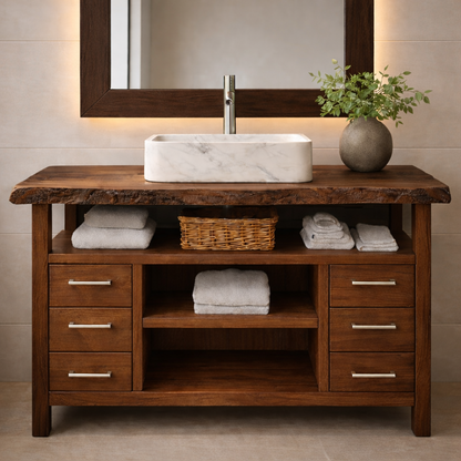 Solid Wood Bathroom Vanity with Six Drawers and Open Shelves – Freestanding Natural Wood Vanity Cabinet Kitchnce