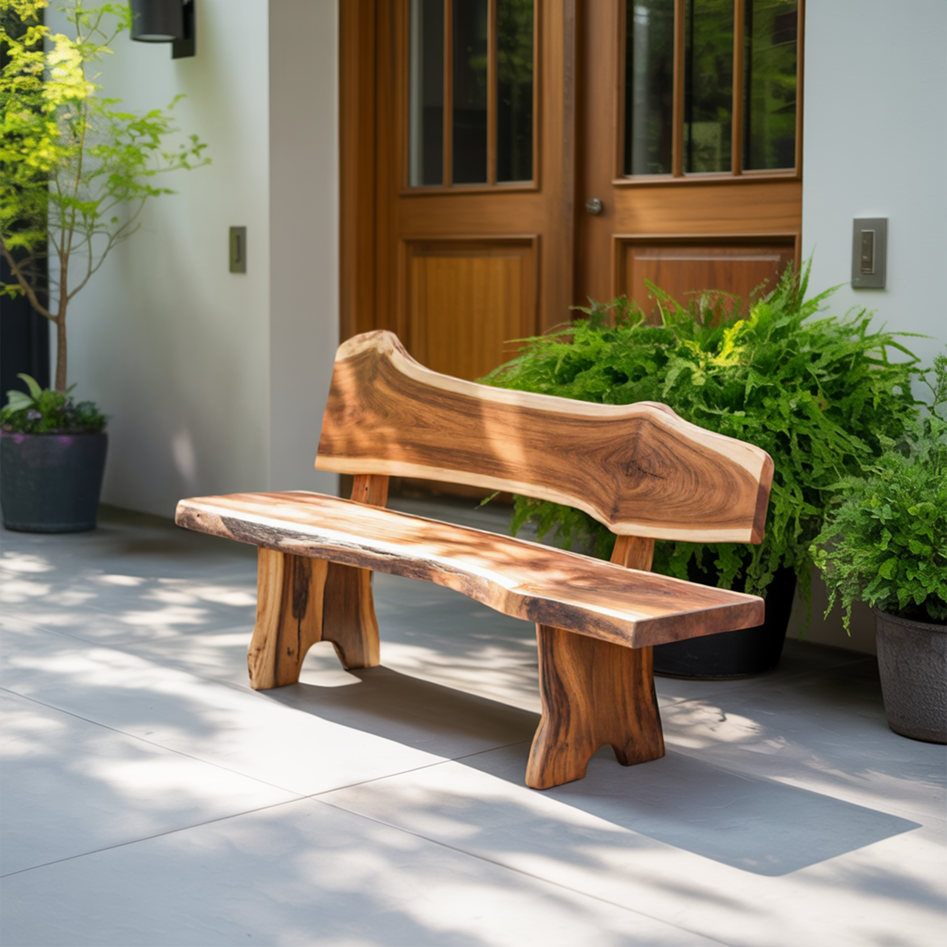 Rustic Live Edge Outdoor Bench With Curved Back For Patio Or Garden Kitchnce