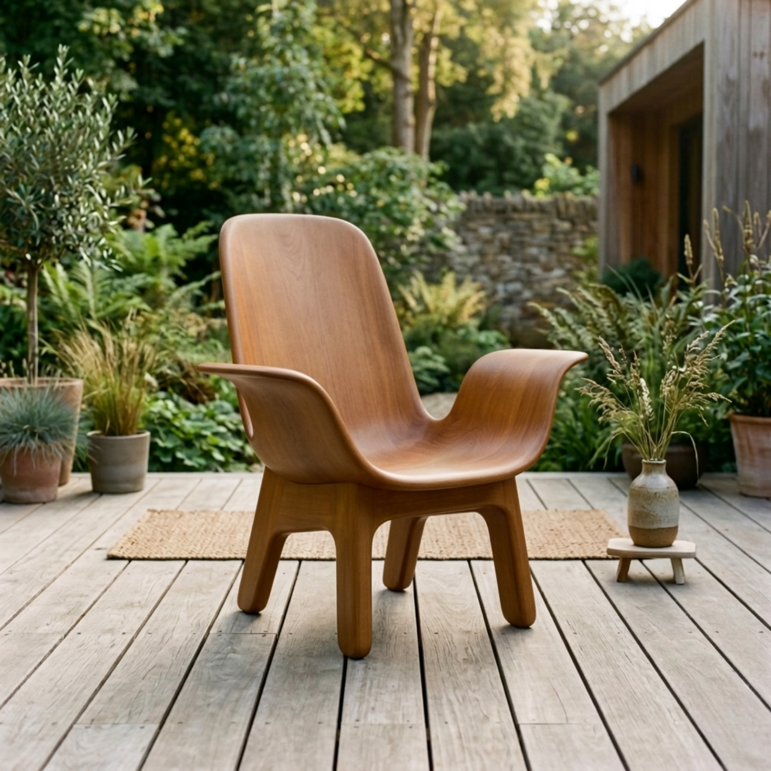 Handcrafted Solid Wood Lounge Chair – Sculpted Armrest Low Seat Chair