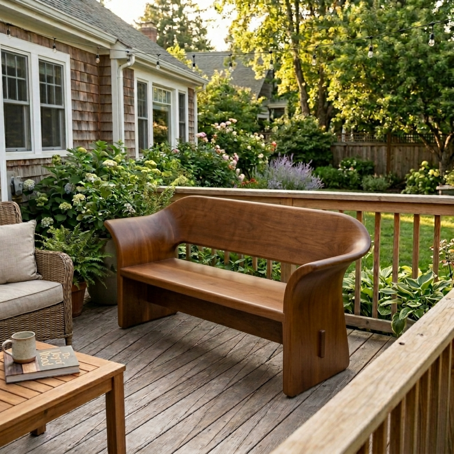 Solid Wood Outdoor Bench with Curved Wraparound Backrest Patio Garden Seating