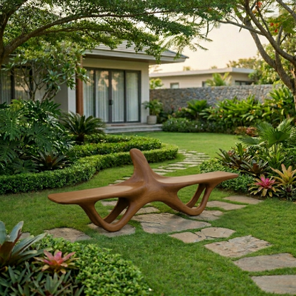 Solid Wood Outdoor Bench Sculptural Organic Form with Curved Flowing Base Design