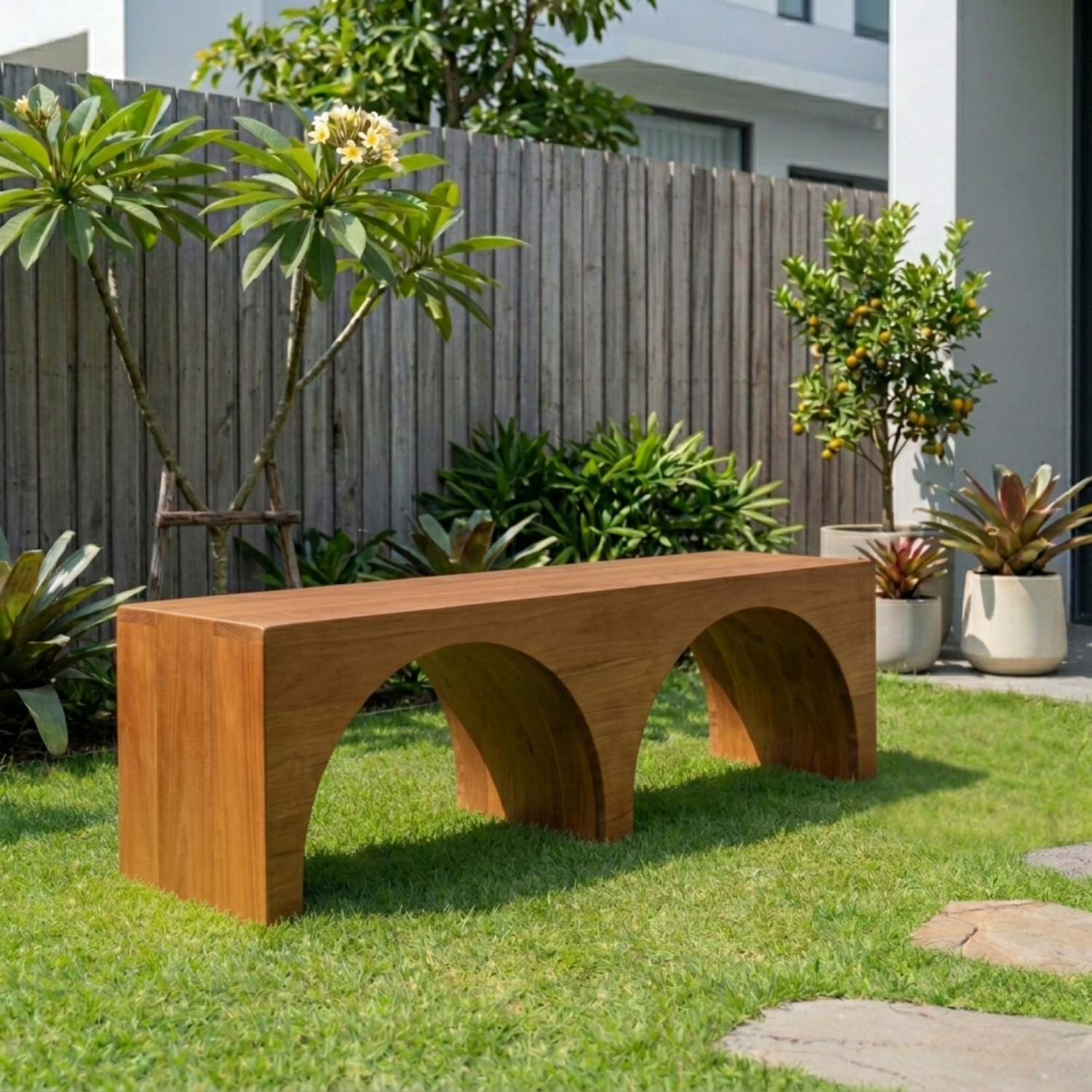 Solid Wood Outdoor Bench with Double Arch Base Minimalist Rectangular Design