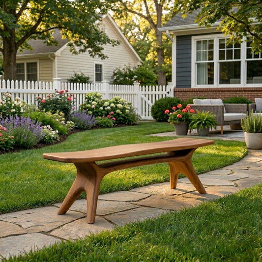 Solid Wood Outdoor Bench with Sculptural Tapered Legs and Floating Seat Design