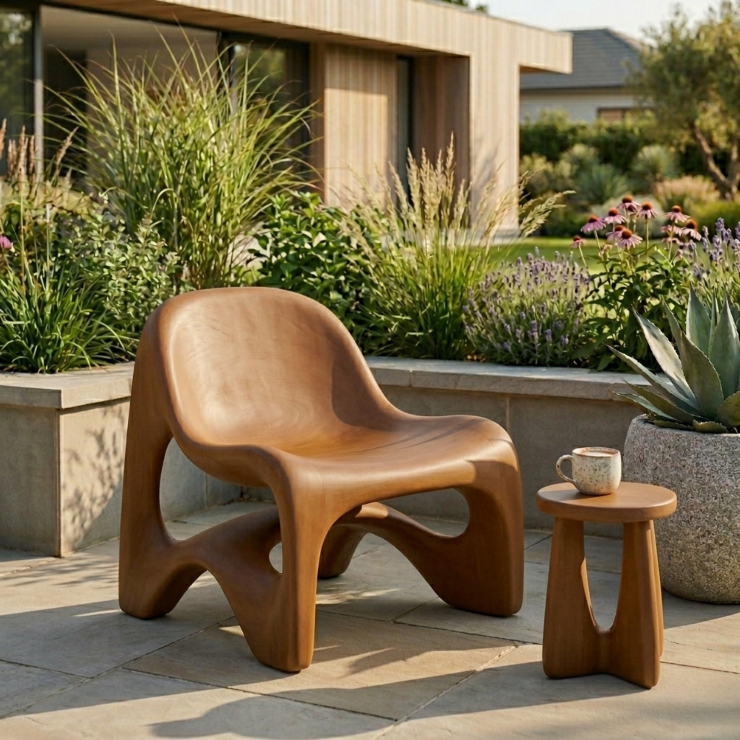 Sculptural Solid Wood Lounge Chair with Organic Curved Design