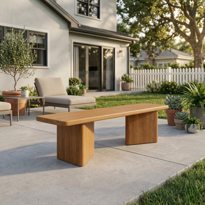 Solid Wood Outdoor Bench Minimalist Slab Seat with Block Leg Base Design