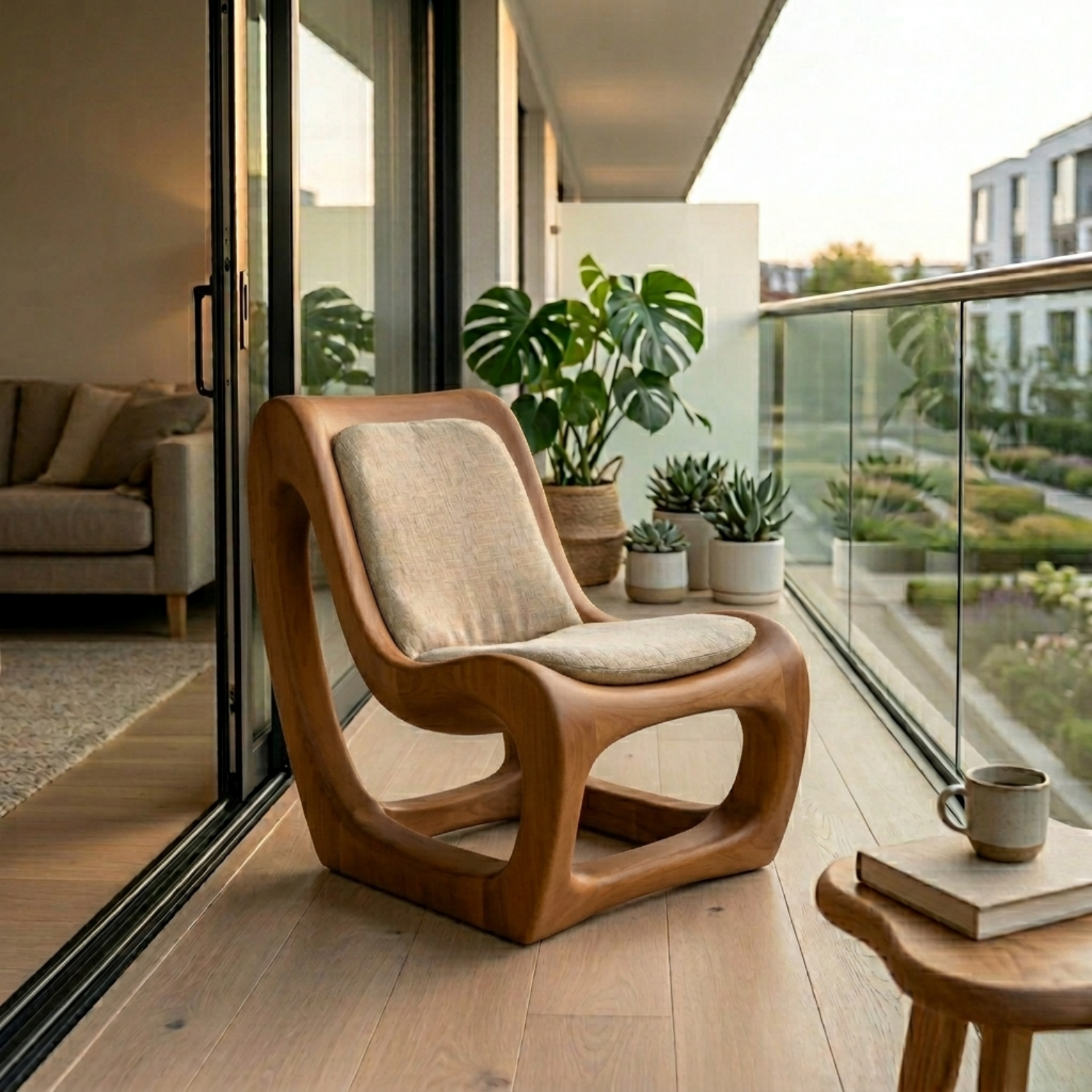 Handcrafted Solid Wood Lounge Chair – Sculptural Curved Base Accent Chair