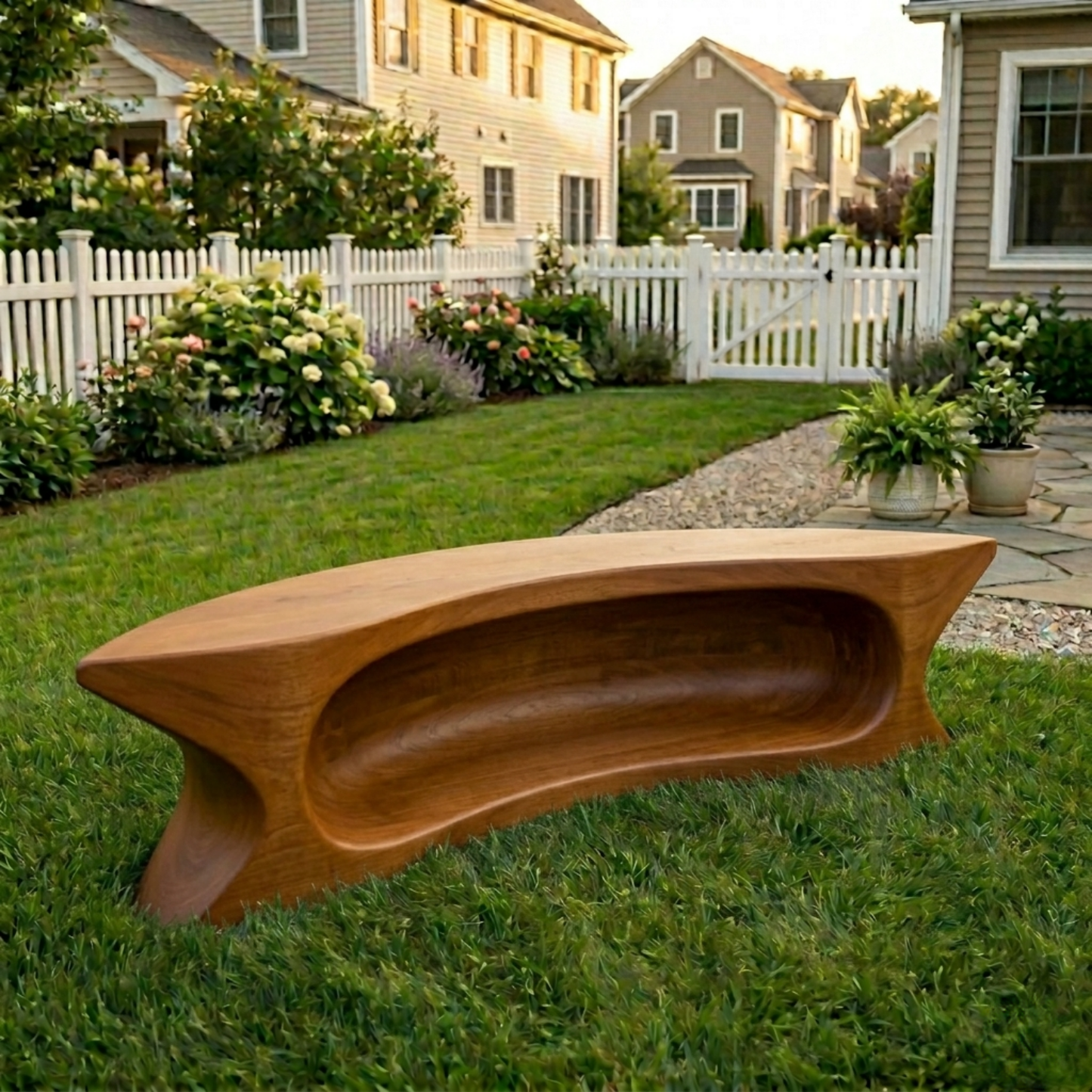 Solid Wood Outdoor Bench with Sculpted Hollow Base and Organic Curved Silhouette